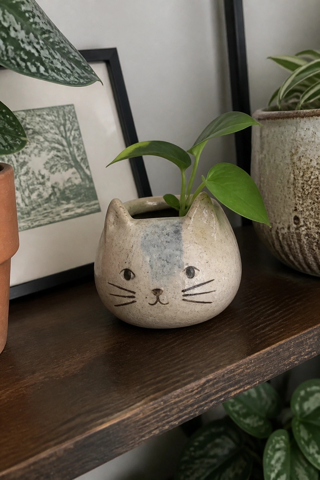 Ceramic cat-faced planter with green plant on wooden shelf among houseplants