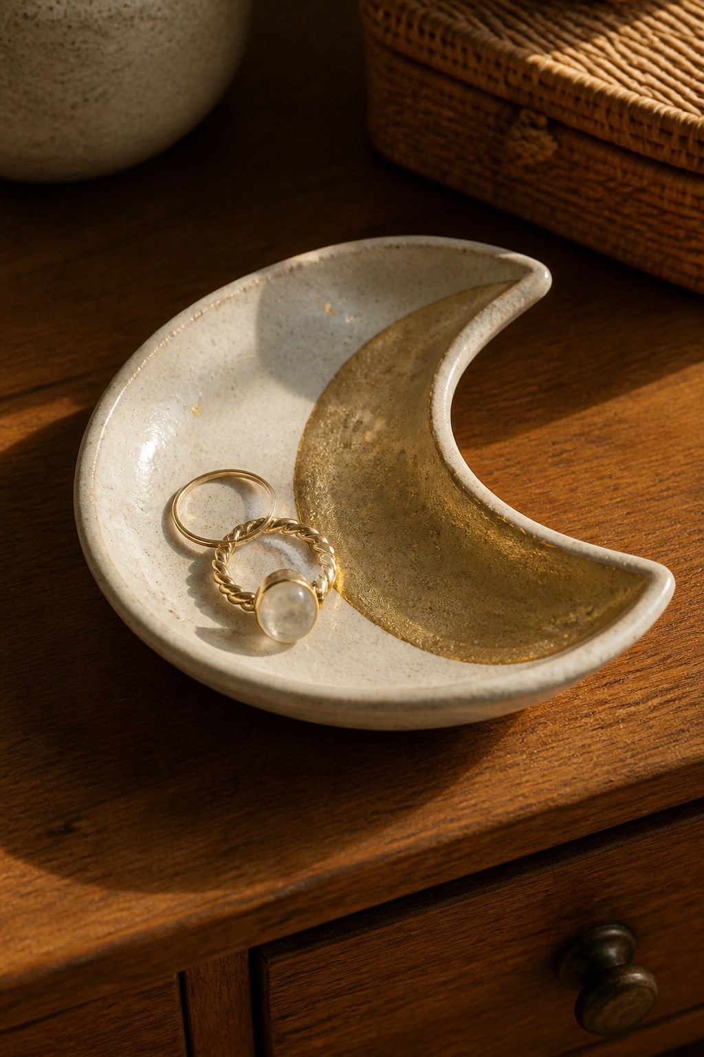 Gold rings in white crescent moon ceramic dish on wooden surface