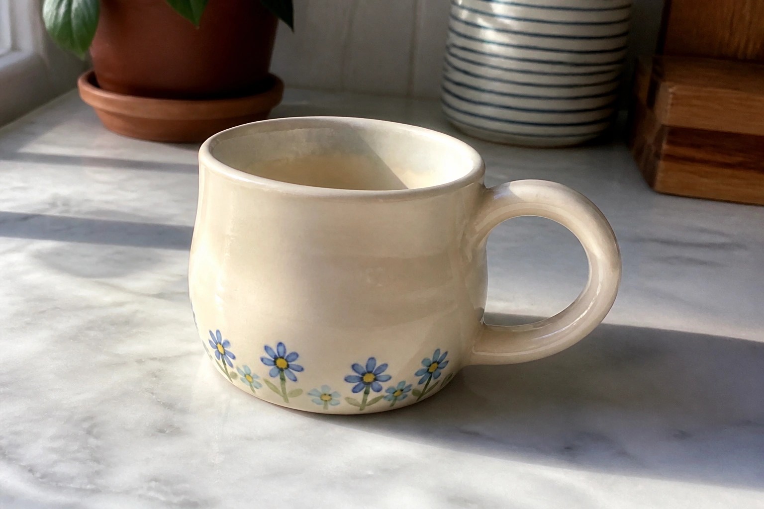 Cream ceramic mug with blue daisy pattern on kitchen countertop