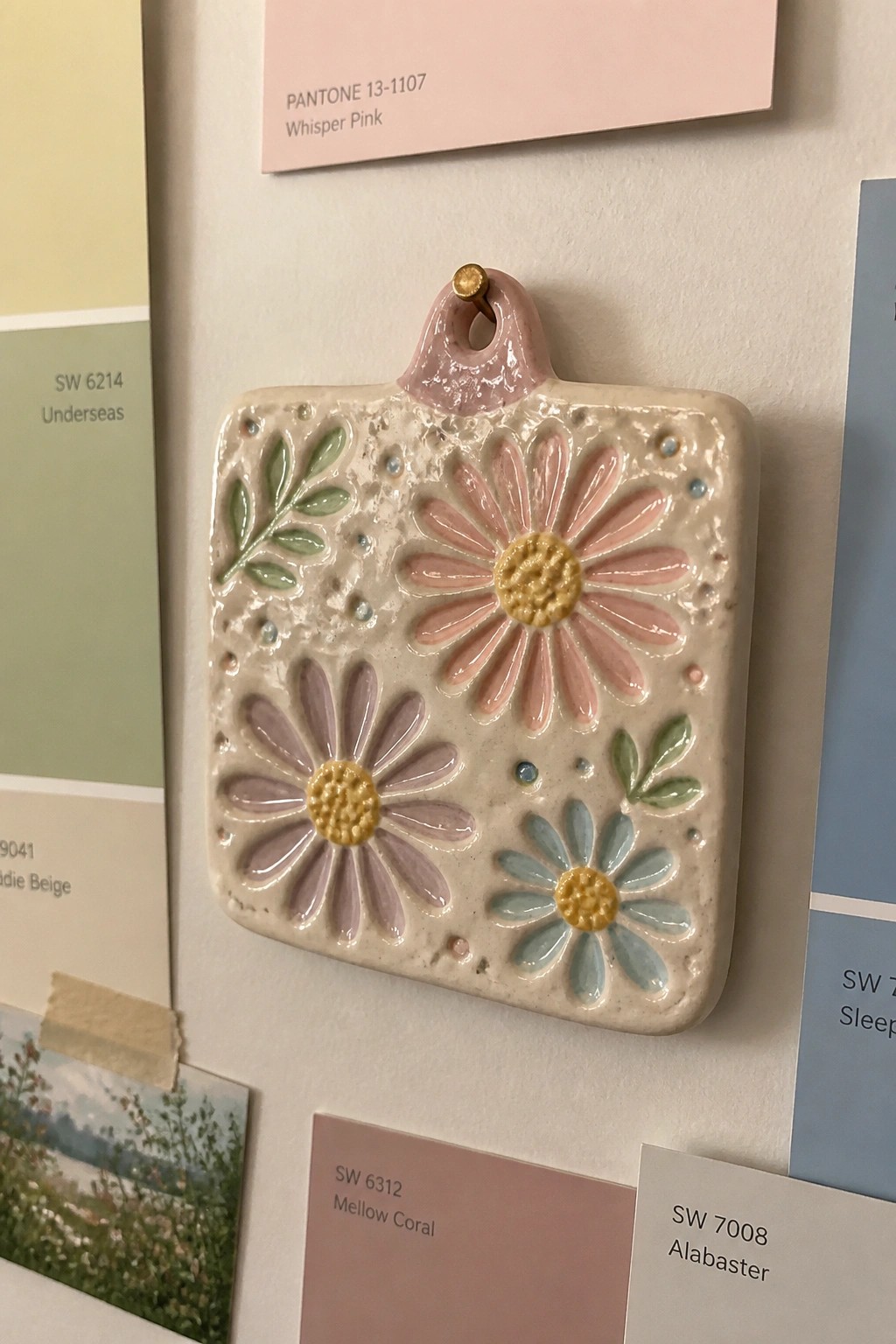 Ceramic floral plaque with pink, purple, and blue daisies amid paint swatches
