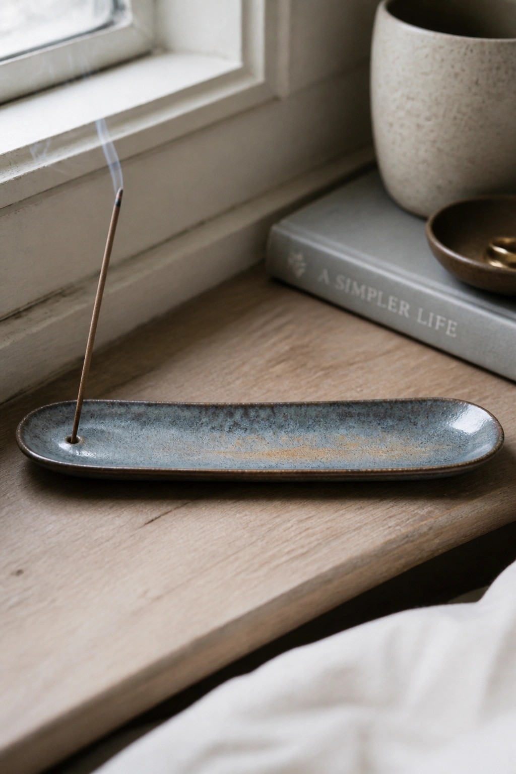 Burning incense stick in a blue ceramic tray on wooden windowsill