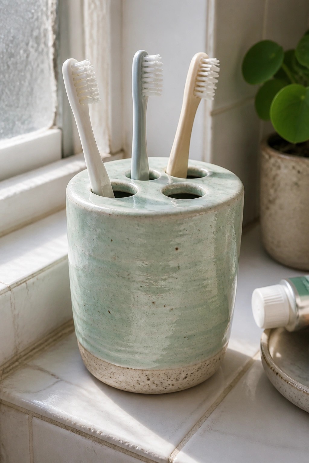Light green ceramic holder holding three toothbrushes on a sunlit windowsill