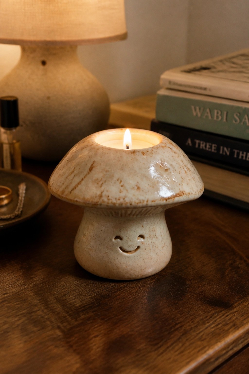 A small ceramic mushroom-shaped candle holder with a smiling face sits on a wooden table next to books and a lamp.