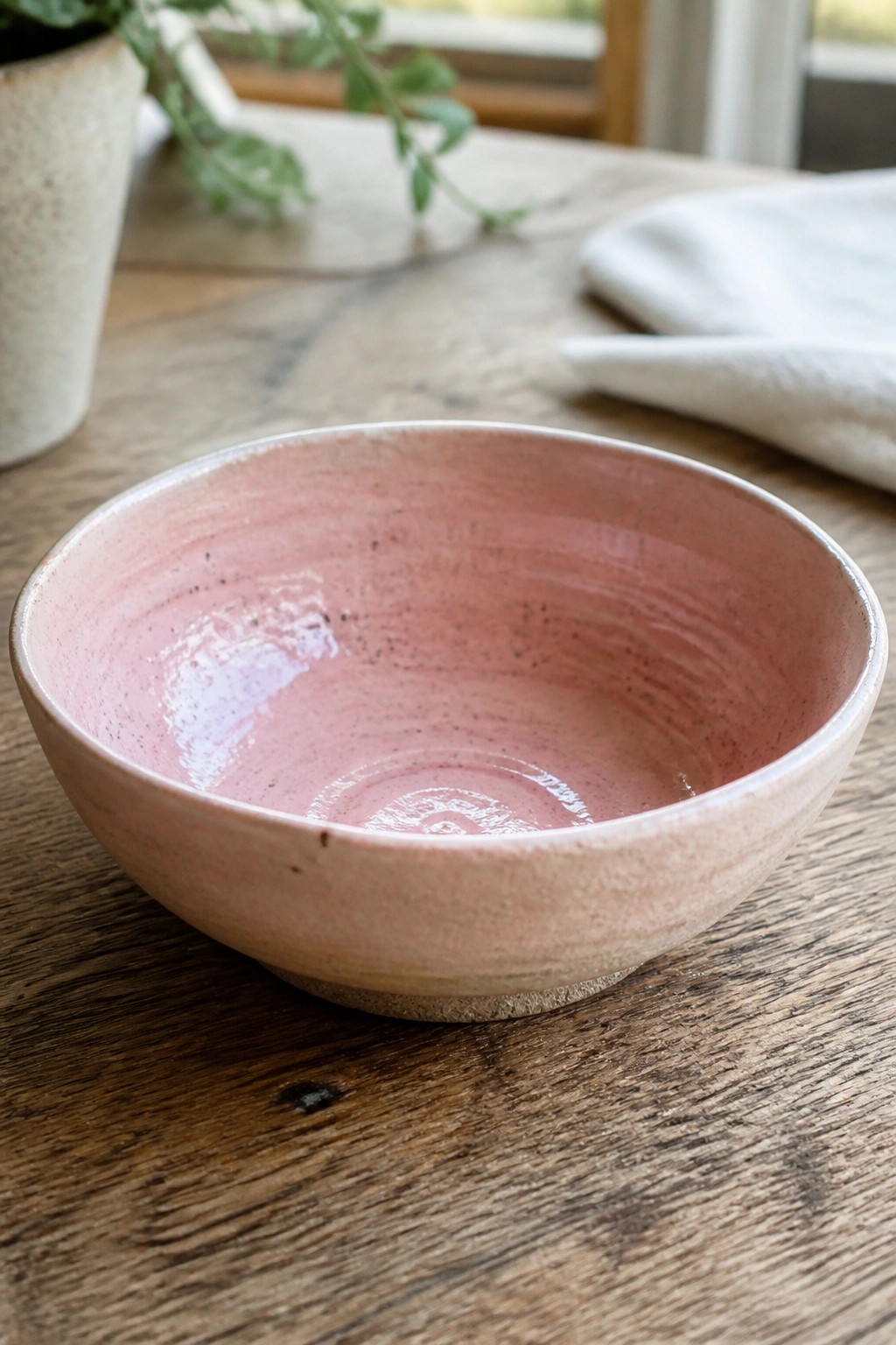 Pink speckled ceramic bowl on wooden table with plant and cloth nearby