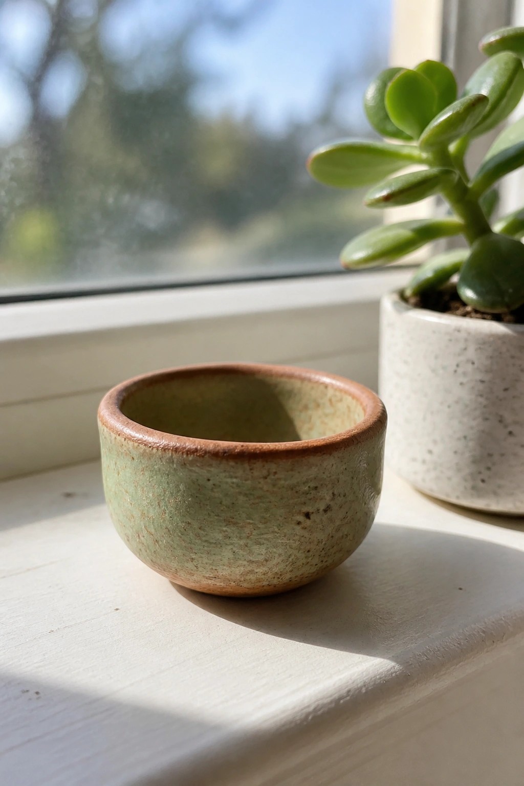 Small green speckled ceramic bowl on sunlit windowsill beside potted succulent plant