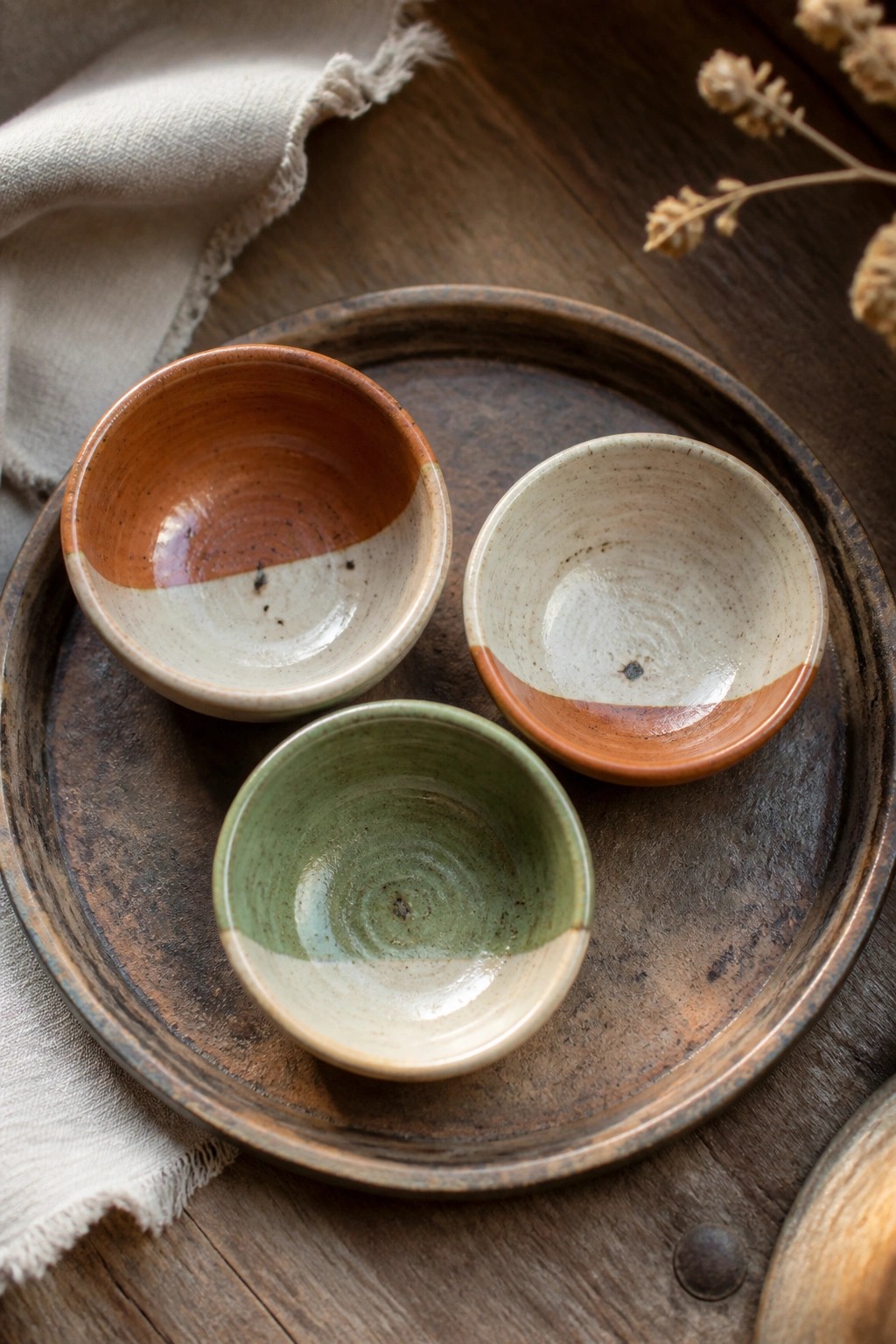Three two-toned ceramic bowls on a rustic wooden tray with linen.