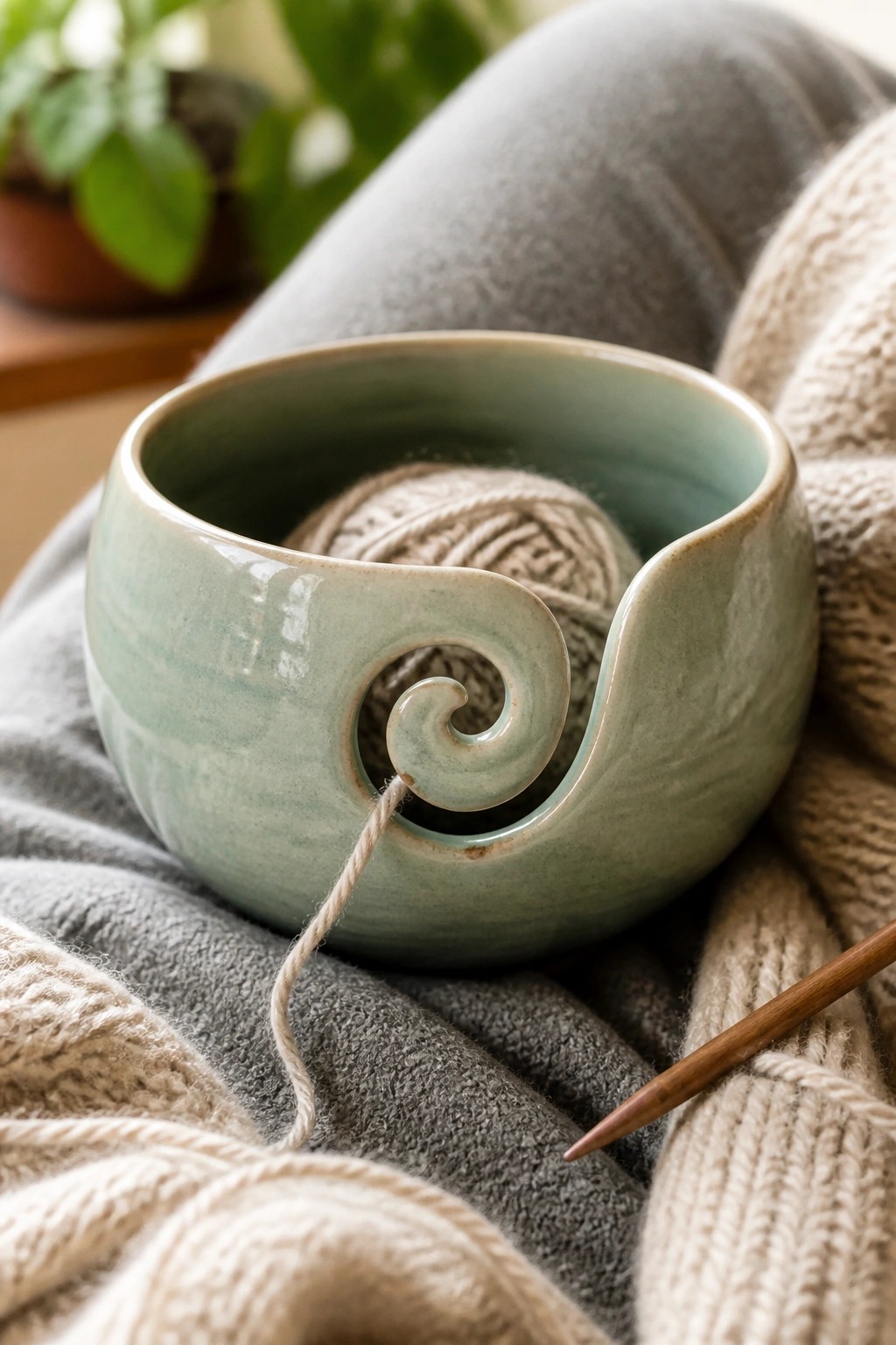 Mint green ceramic yarn bowl with spiral cutout holding beige yarn beside knitting needle on knits