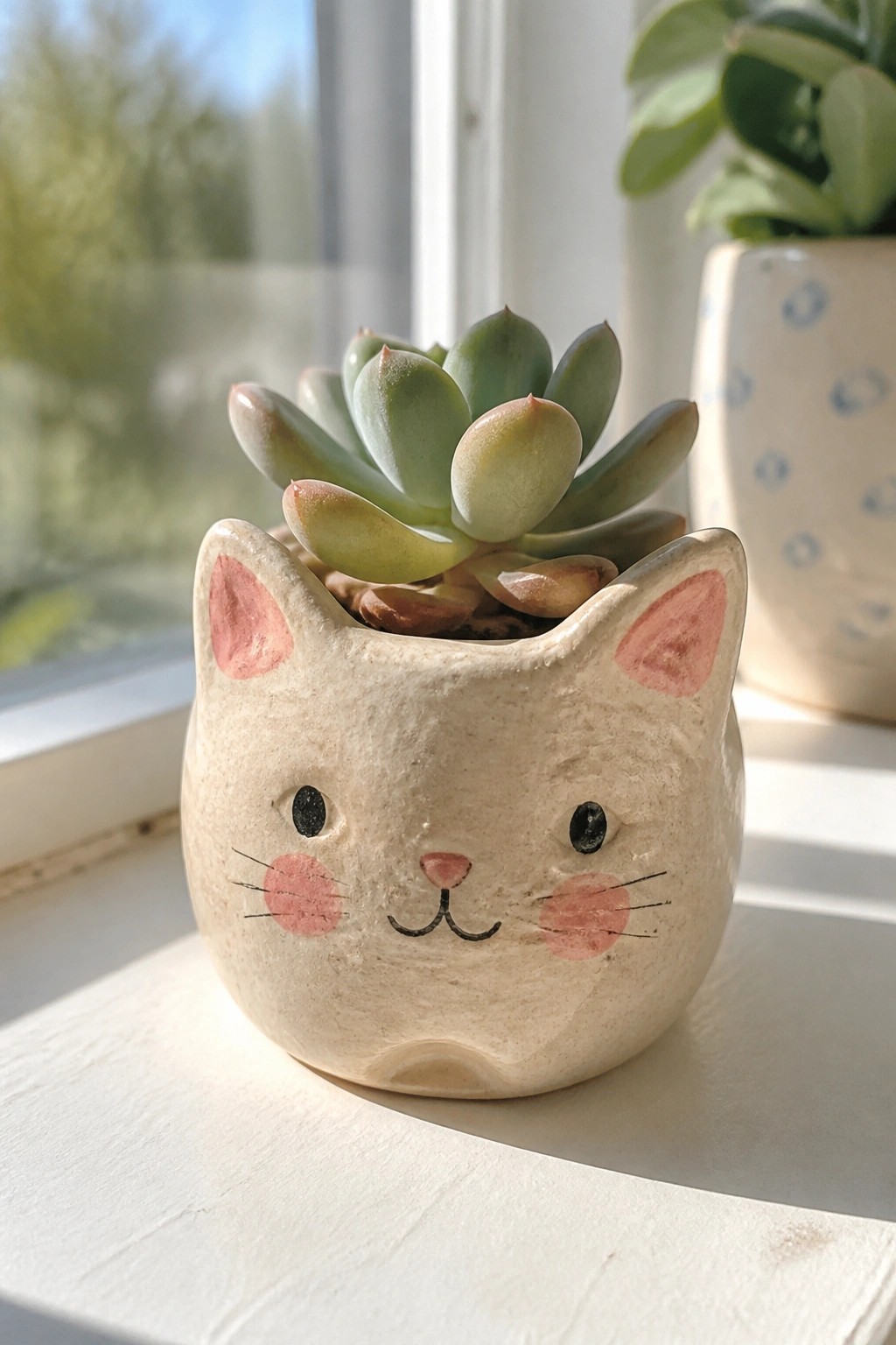Ceramic cat face planter with succulent on sunny windowsill