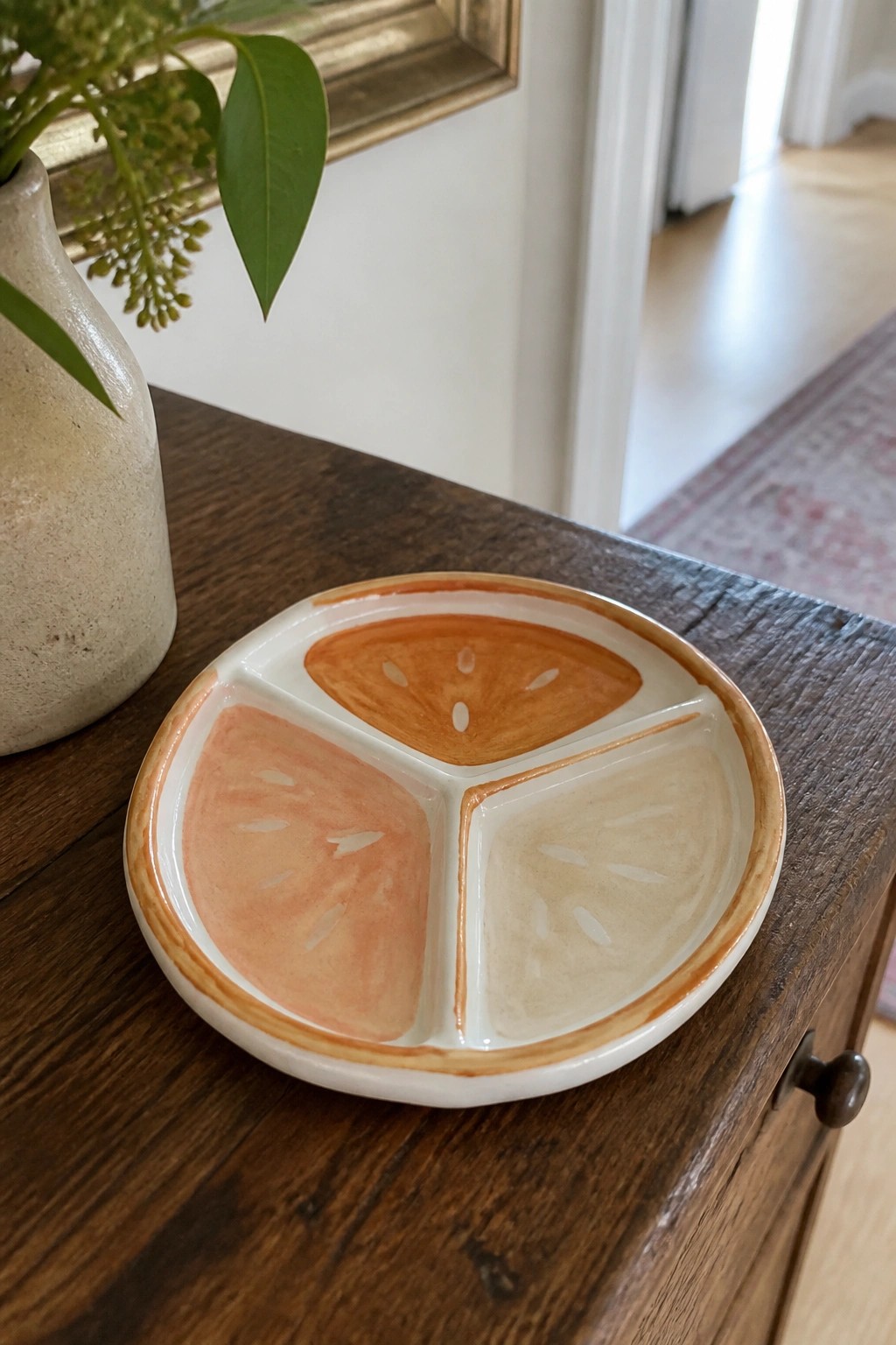 Three-section ceramic plate with orange citrus designs on wooden table beside vase