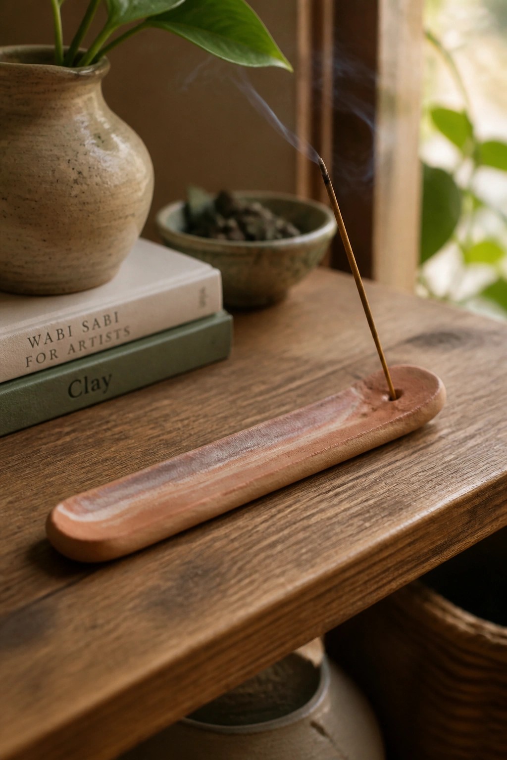 Burning incense in wooden holder on rustic table with books and plant