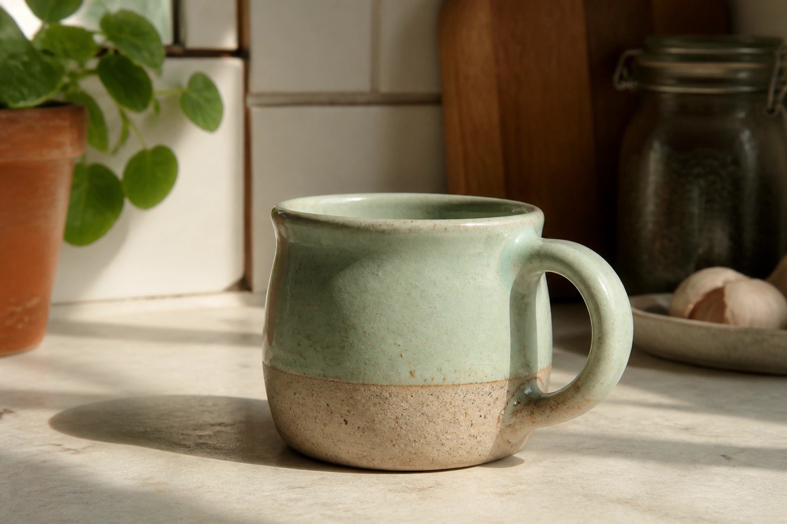 Two-toned ceramic mug with mint green top and speckled beige base on sunlit counter