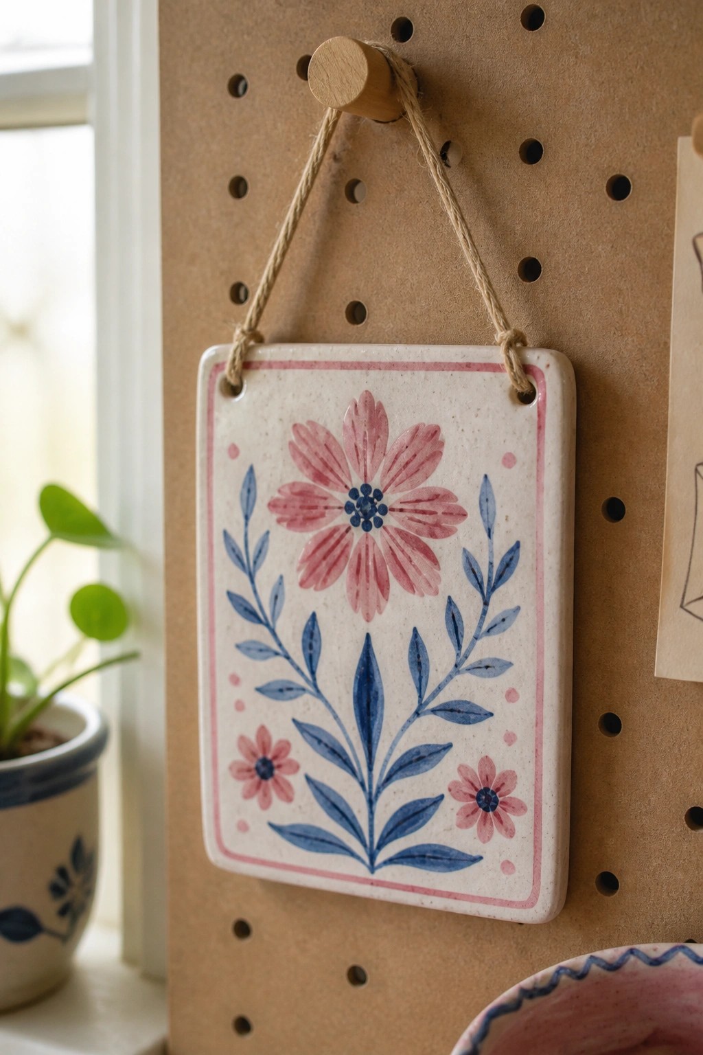 White ceramic tile with pink and blue floral design hangs from twine on pegboard.