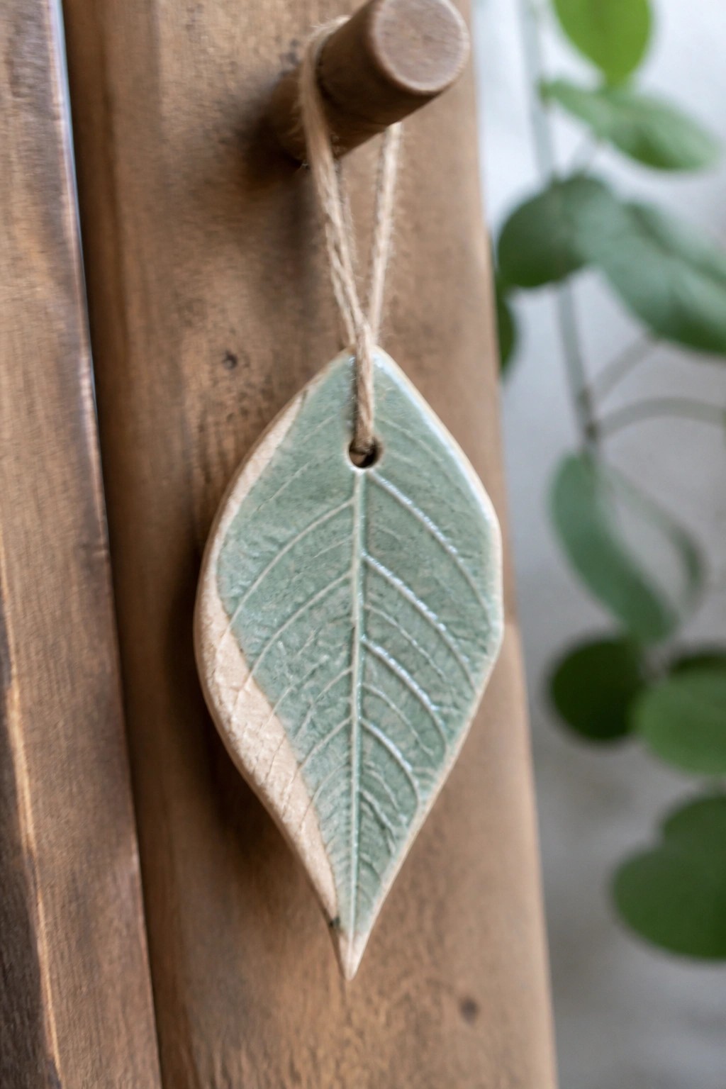 Green glazed ceramic leaf ornament hanging by twine from wooden peg