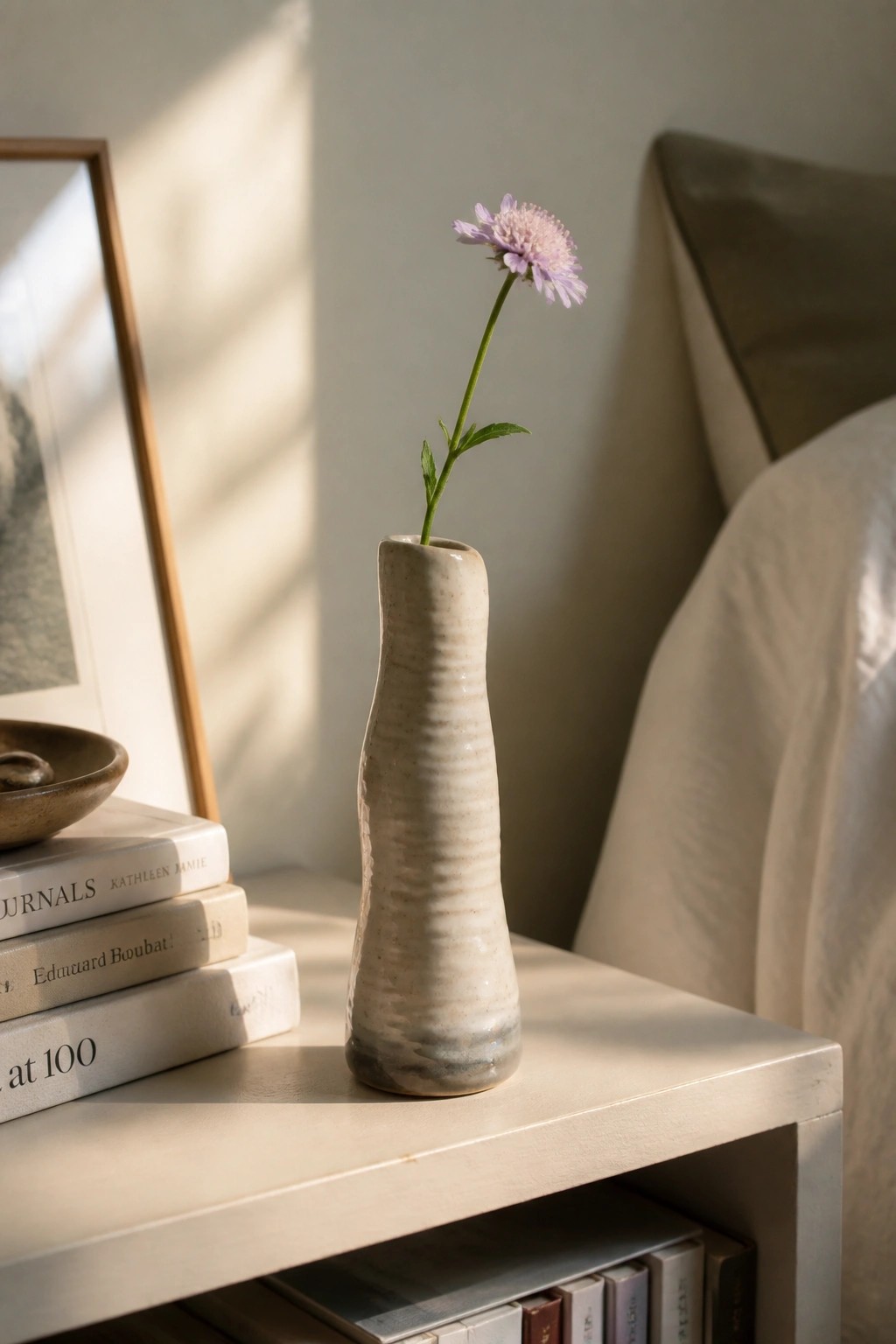 Textured ceramic vase with lavender flower on books atop sunlit bedside table