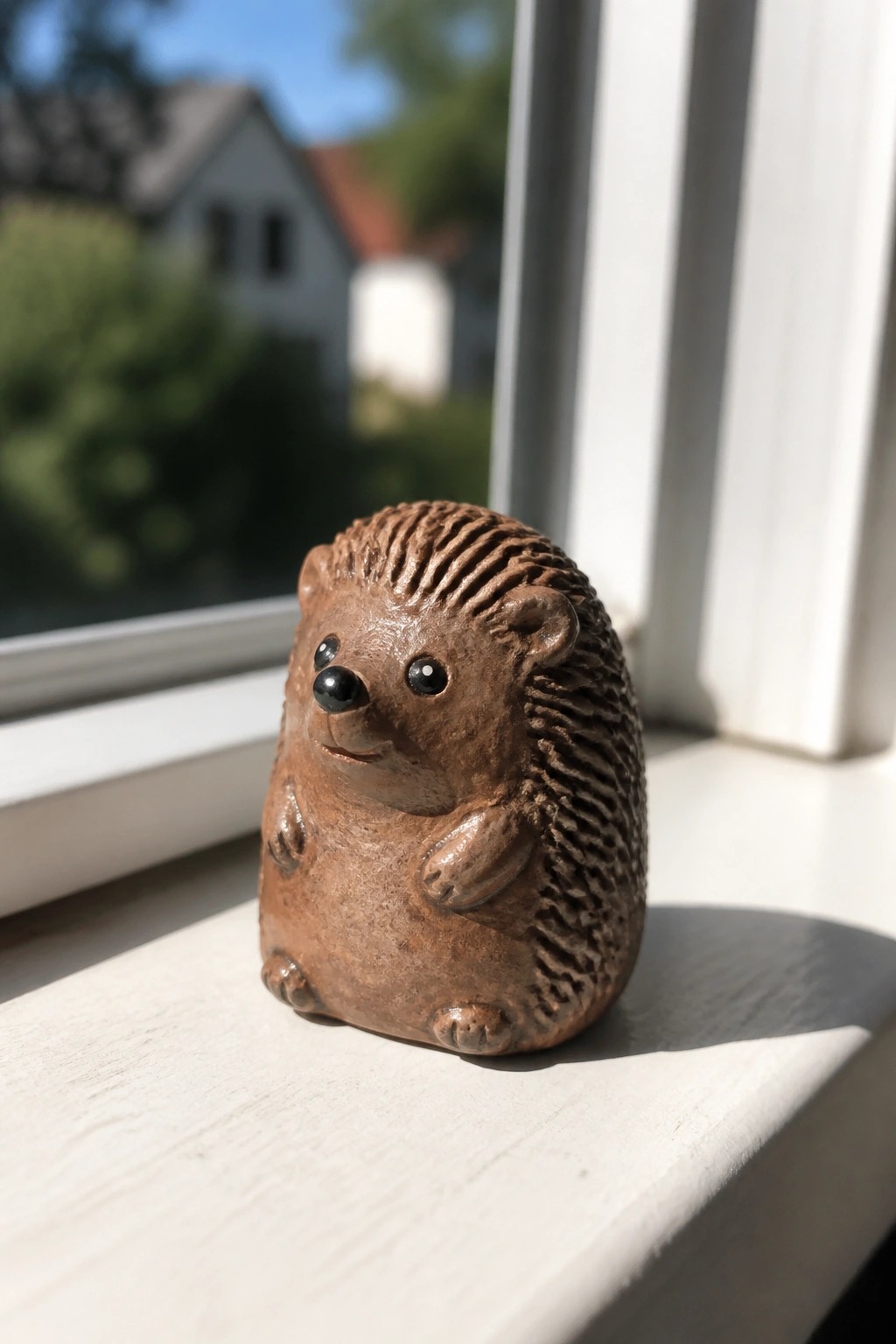 Brown ceramic hedgehog figurine on white sunlit windowsill with blurred houses beyond