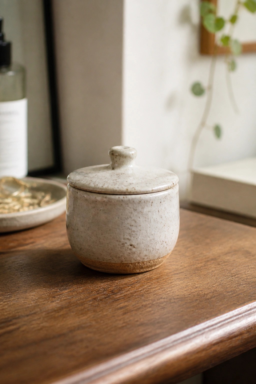 Speckled ceramic lidded jar on wooden table with soft lighting
