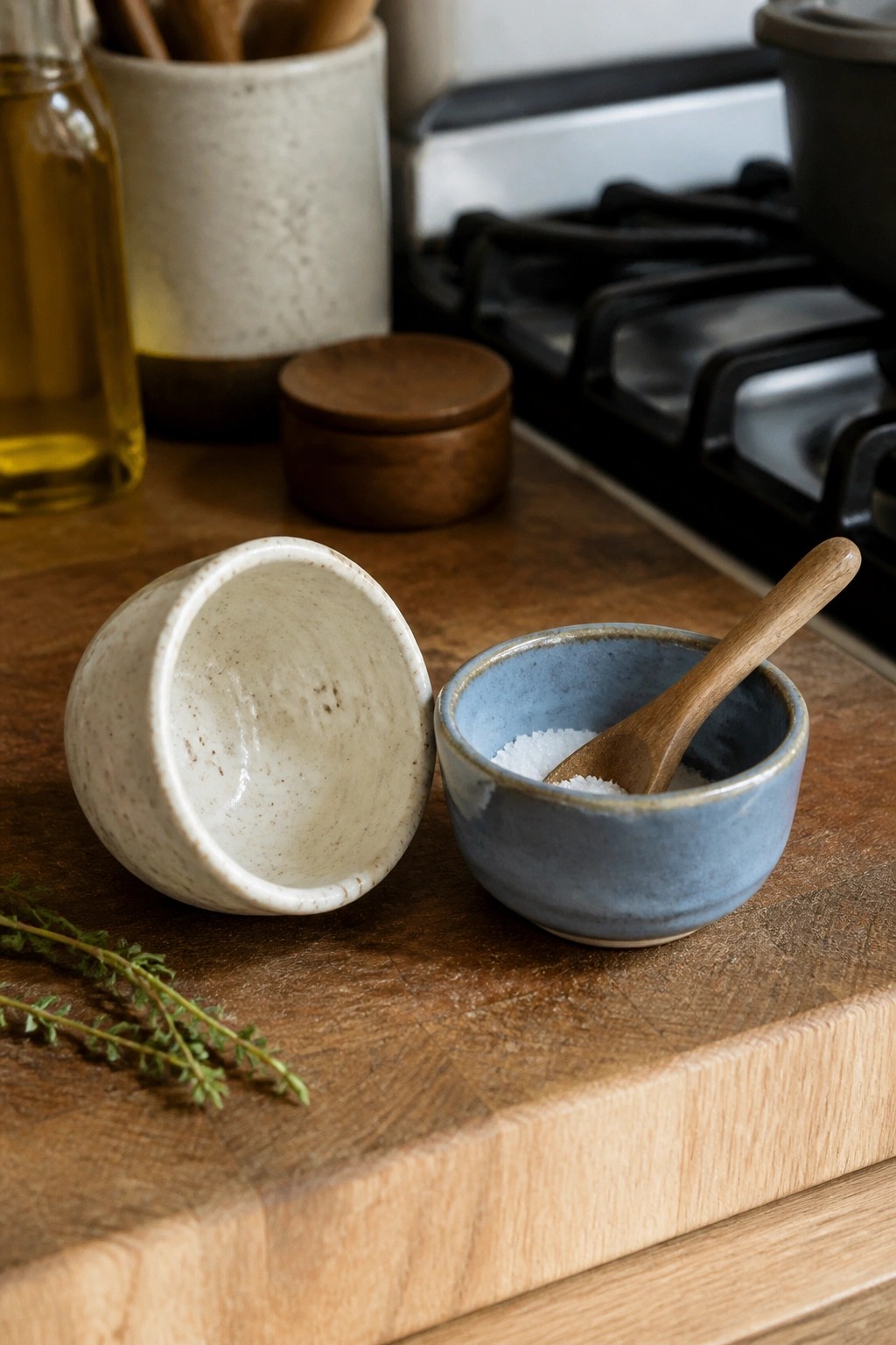 White speckled bowl beside blue salt bowl with wooden spoon on cutting board