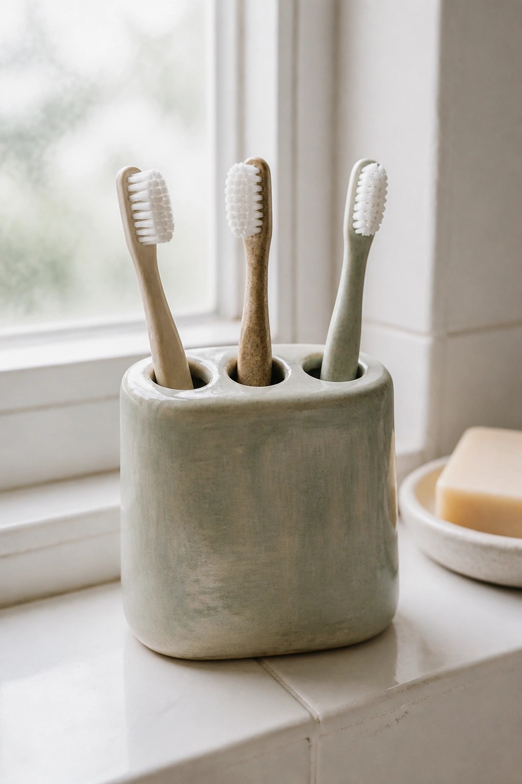 A light green ceramic holder with three holes containing three toothbrushes sits on a white windowsill next to a bar of soap.