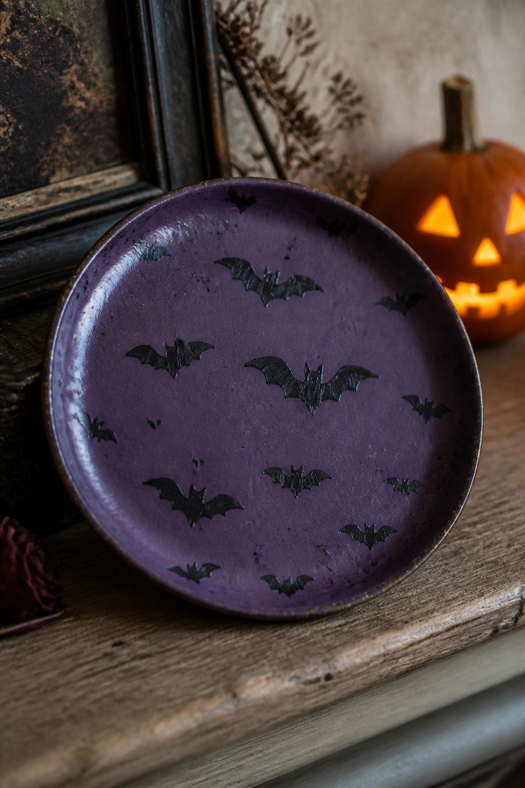 Purple plate with black bats beside glowing jack-o'-lantern on wooden table.