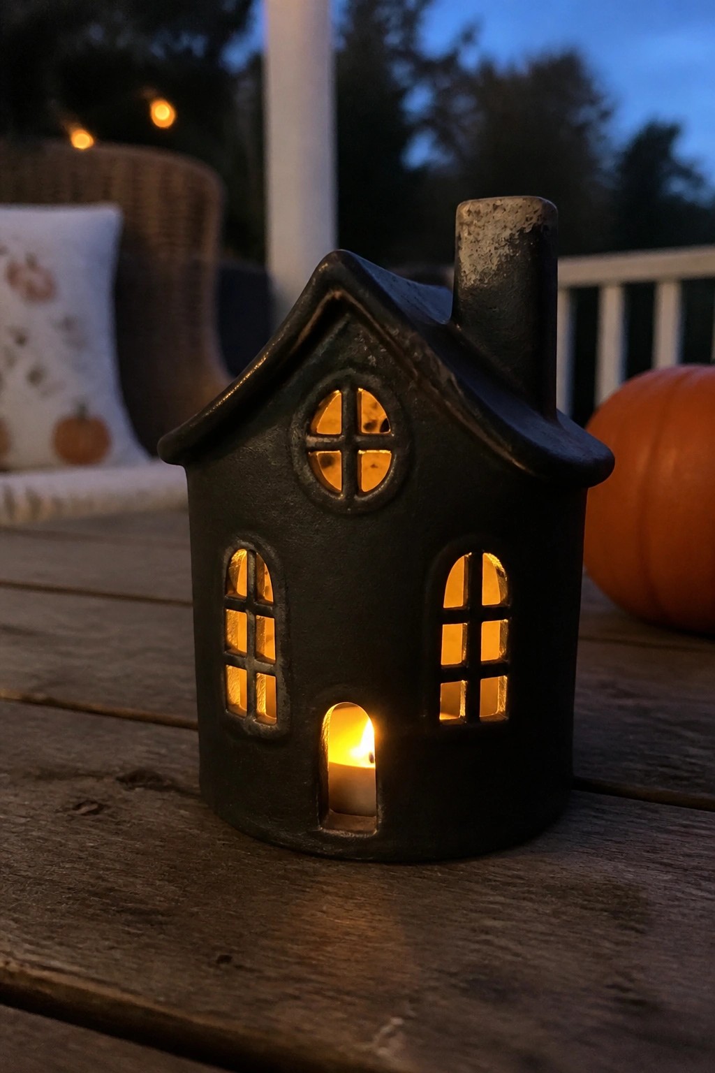 Illuminated black metal house candle holder on wooden table with pumpkin nearby