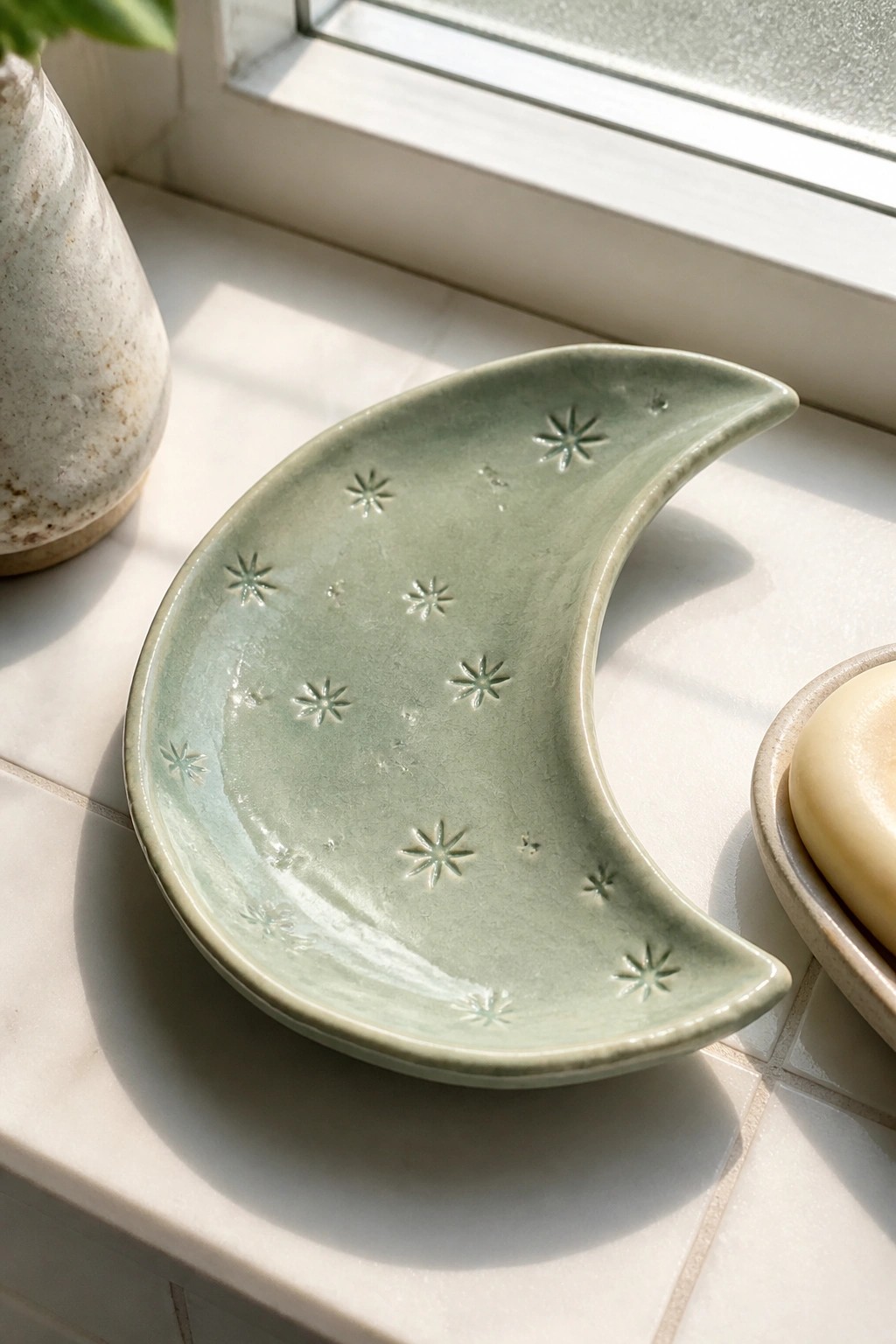 Sage green crescent moon ceramic dish with embossed stars on sunny windowsill.