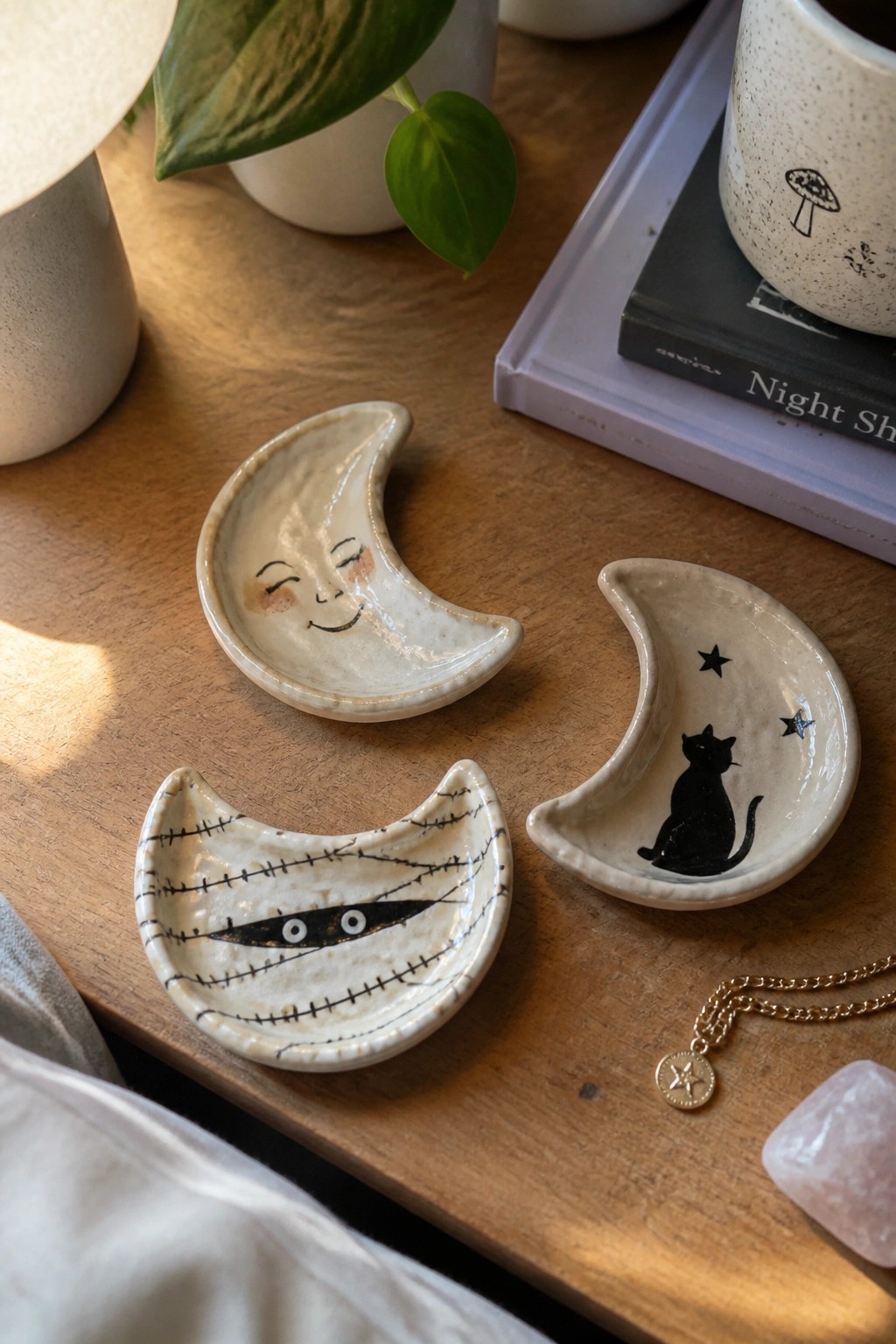 Three ceramic crescent moon dishes with face, cat, and eye designs on wood.