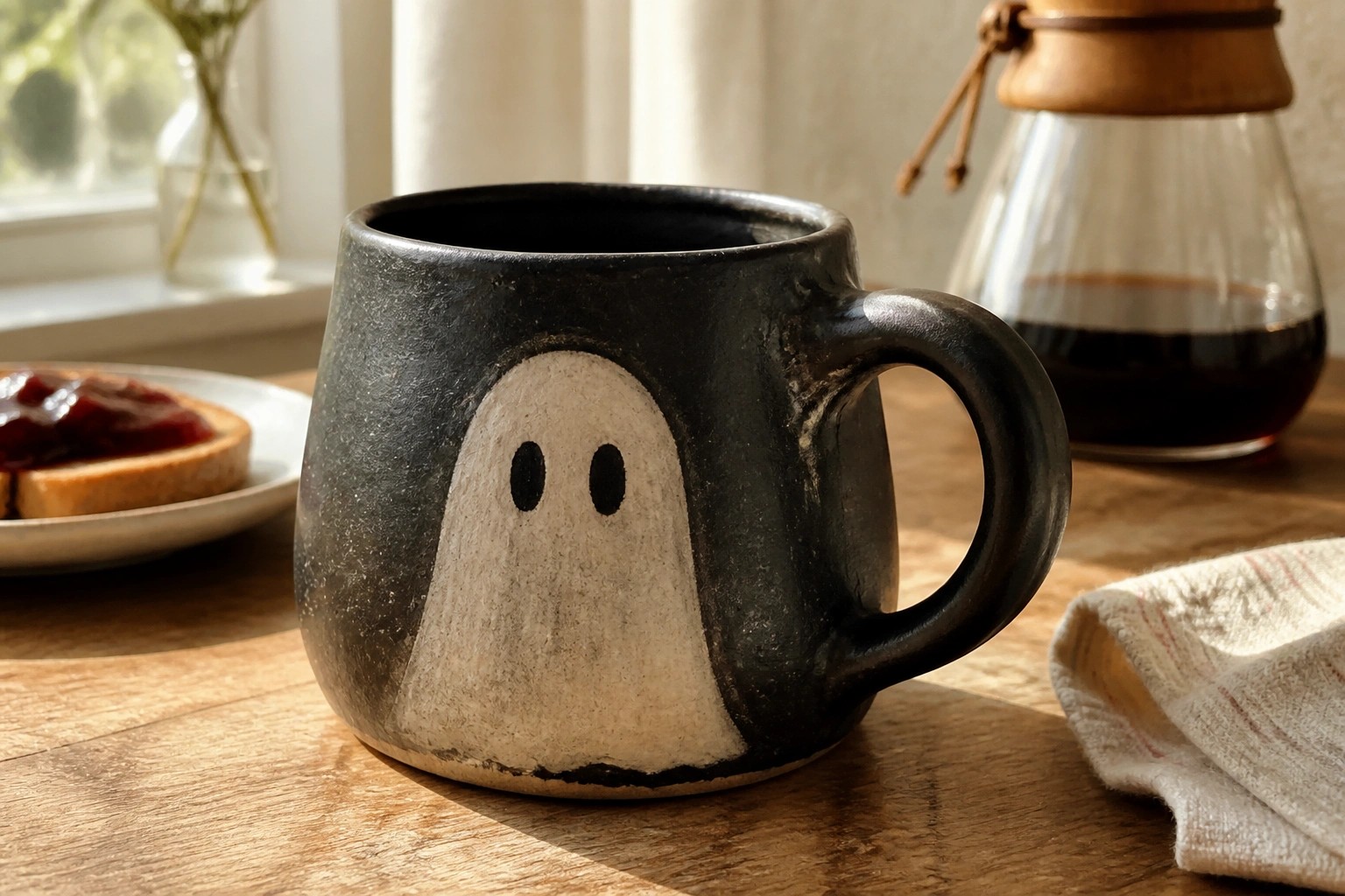 Black ceramic mug with white ghost design on sunlit wooden table