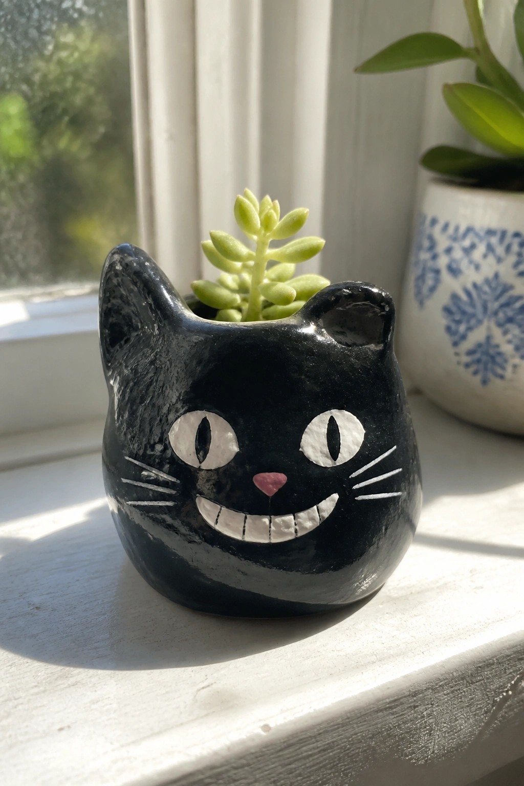 Black cat-shaped ceramic planter with white face holding green succulent on windowsill