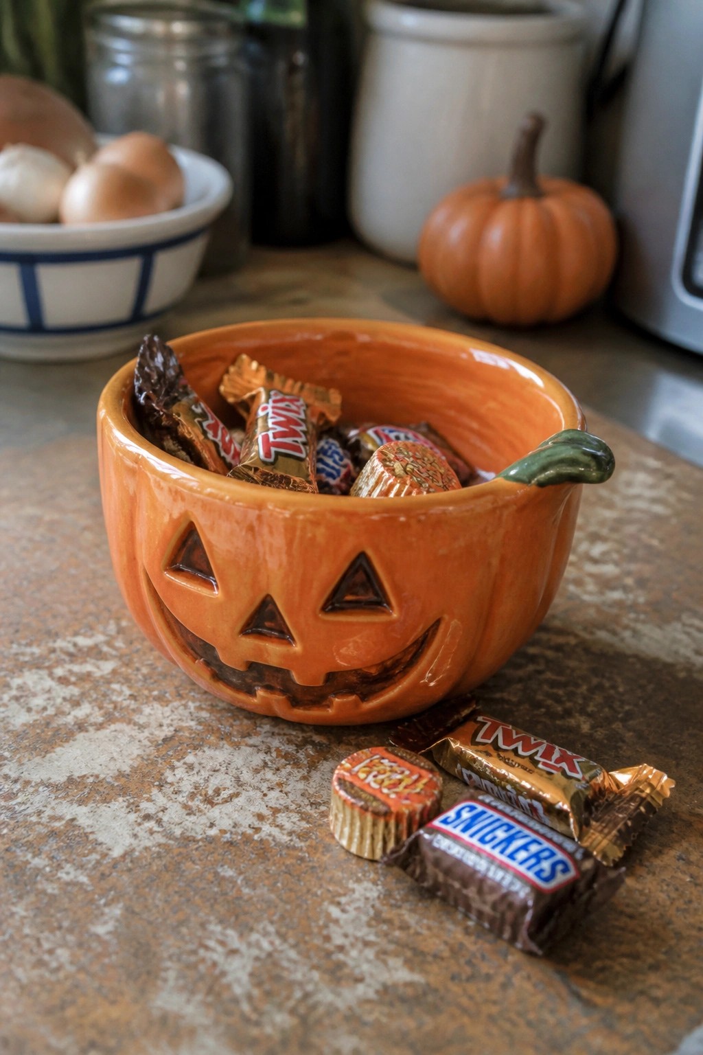 Jack-o'-lantern bowl filled with Twix, Snickers, and Reese's on kitchen counter