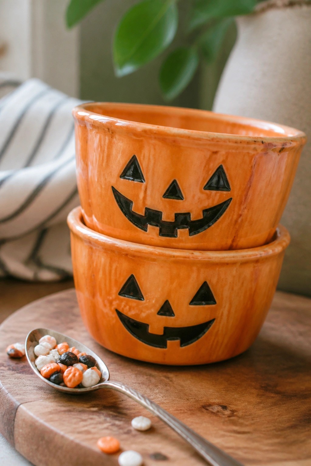 Stacked orange jack-o'-lantern bowls beside candy-filled spoon on wooden board