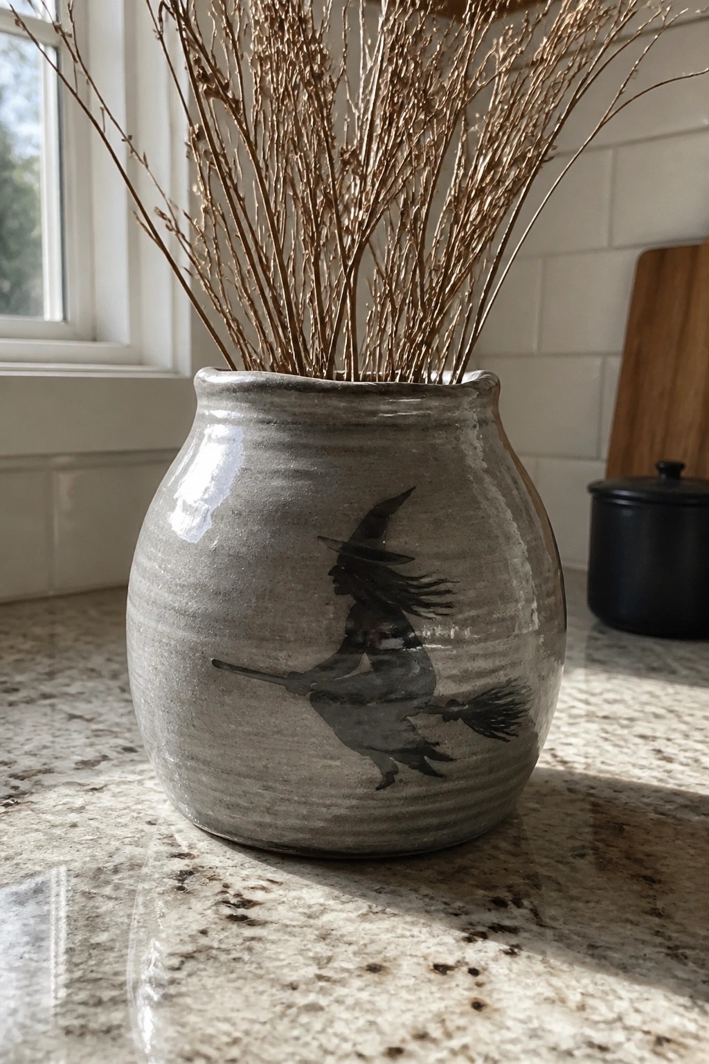 Gray ceramic vase with witch-on-broomstick silhouette, holding dried branches on countertop.