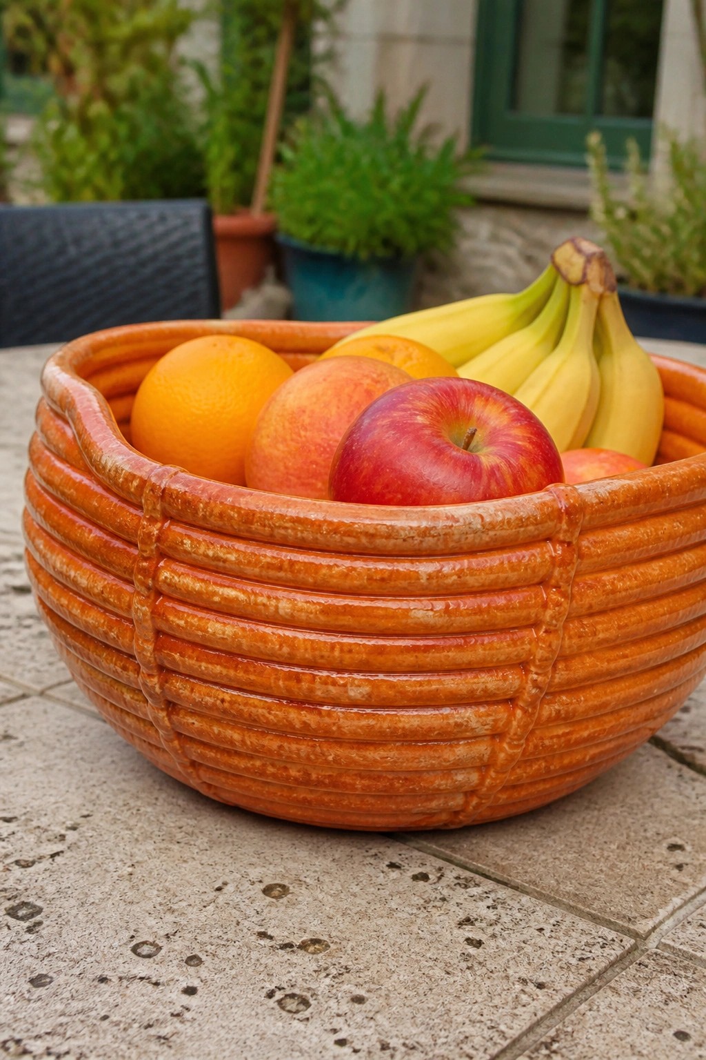 Orange ribbed ceramic bowl with apples, oranges, and bananas on stone table