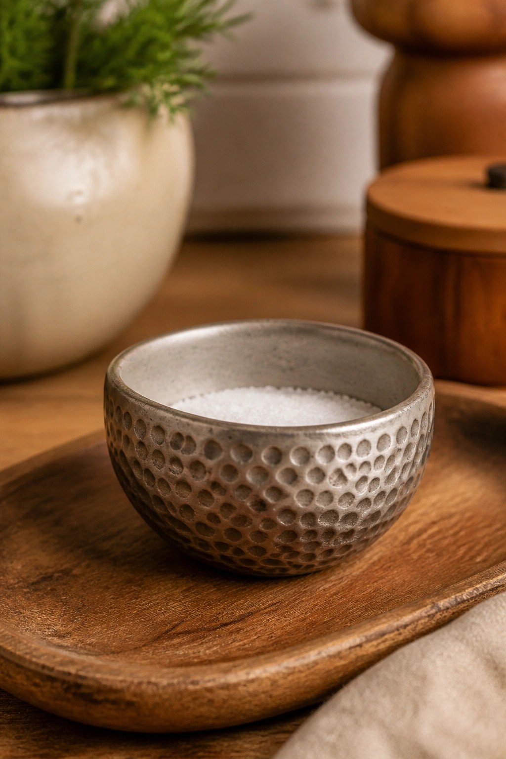 Textured gray bowl filled with white salt on rustic wooden tray