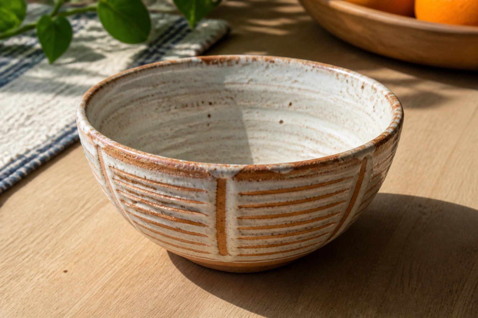 Striped ceramic bowl on wooden table with avocados and plant in background