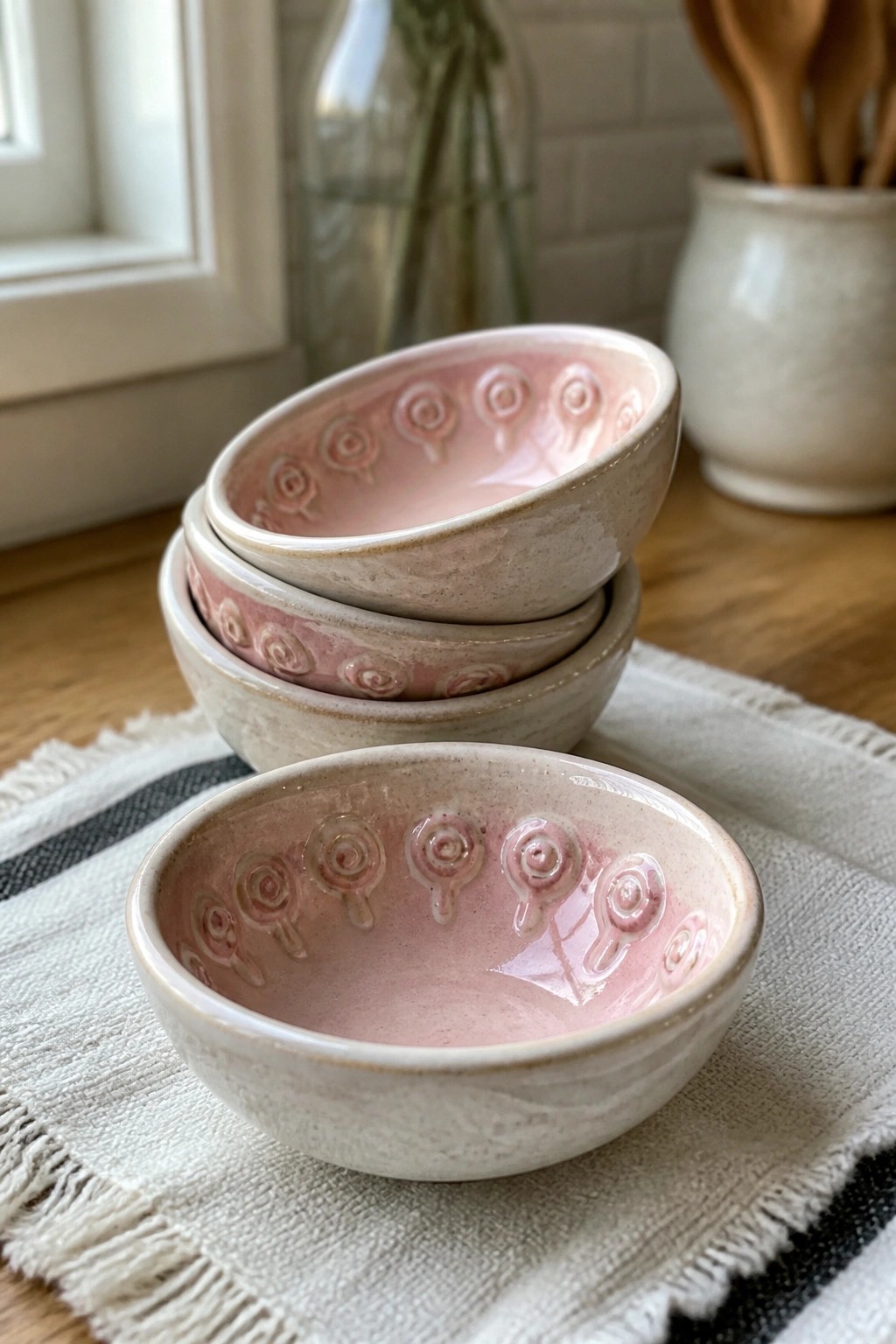 Pink ceramic bowls with embossed patterns stacked on striped cloth atop wood
