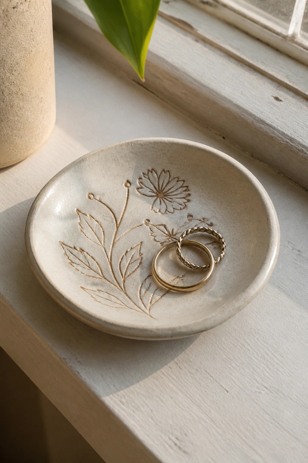 Two gold rings in a floral-etched ceramic bowl on a sunlit windowsill