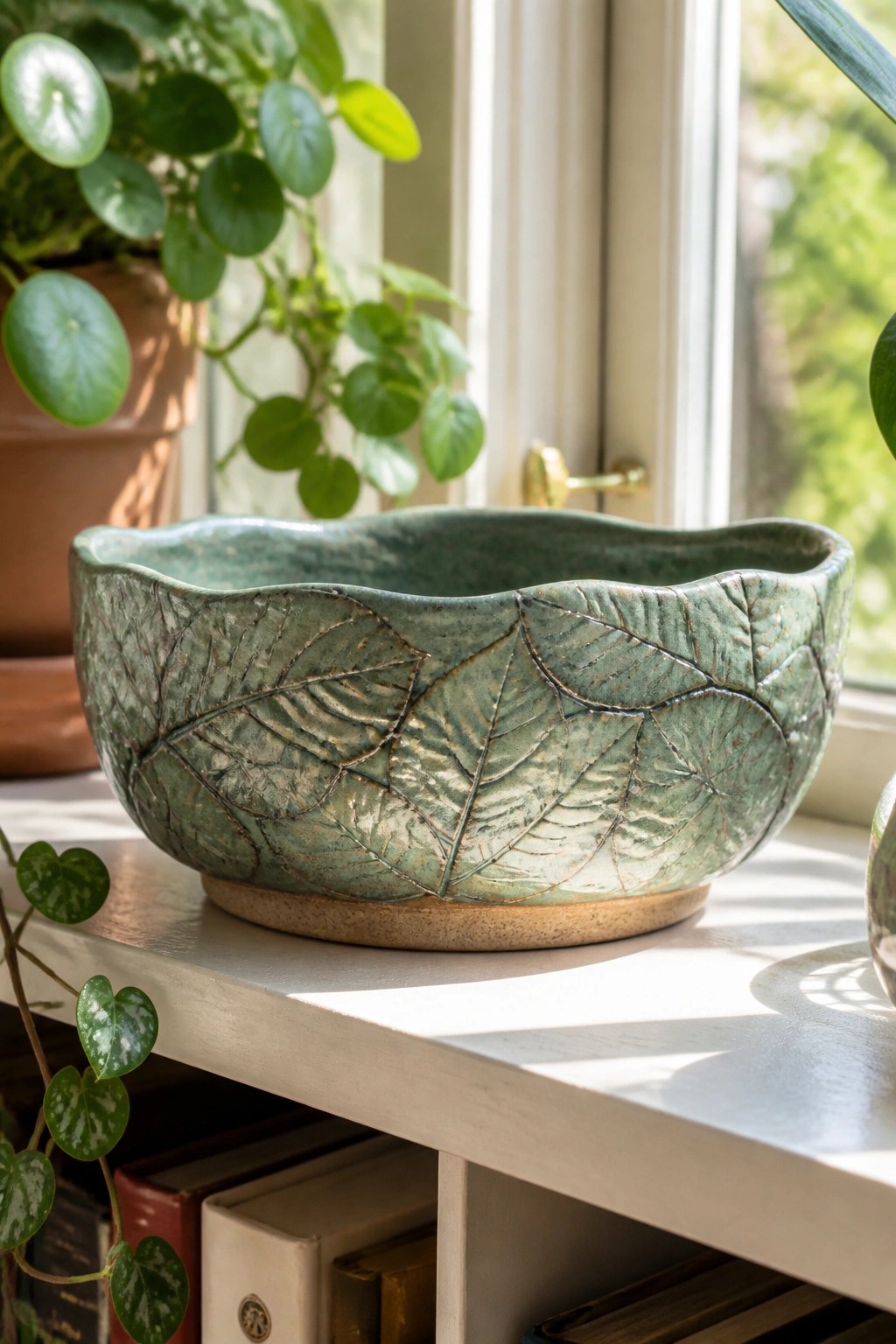 Green ceramic bowl with leaf imprints on sunny windowsill beside plants and books