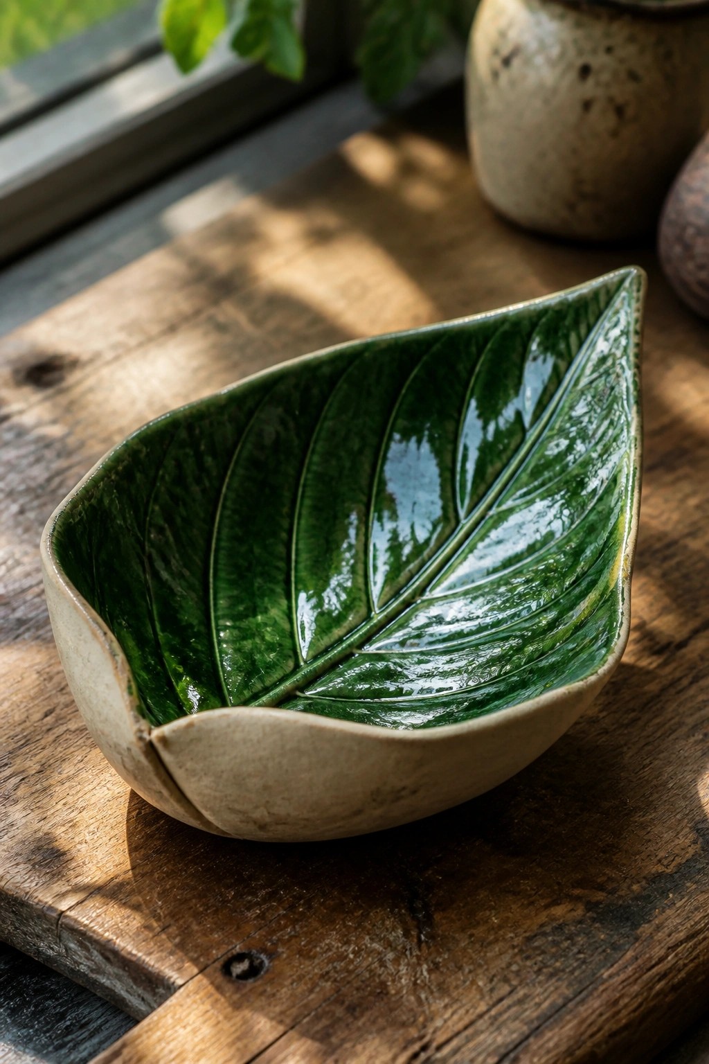 Glossy green leaf-shaped ceramic bowl on rustic wooden table in sunlight
