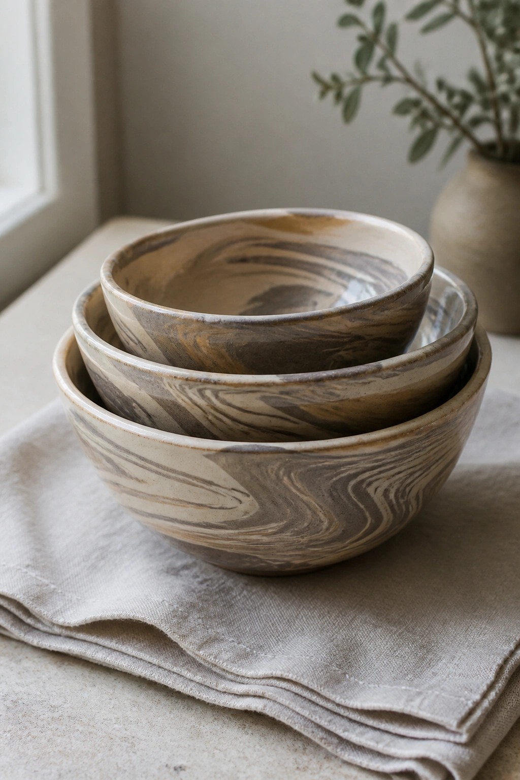 Three stacked marbled ceramic bowls on folded beige linen cloth