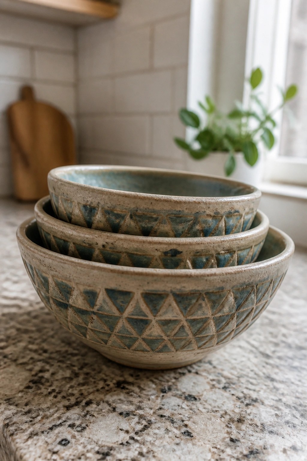 Three stacked ceramic bowls with blue triangular patterns on granite countertop