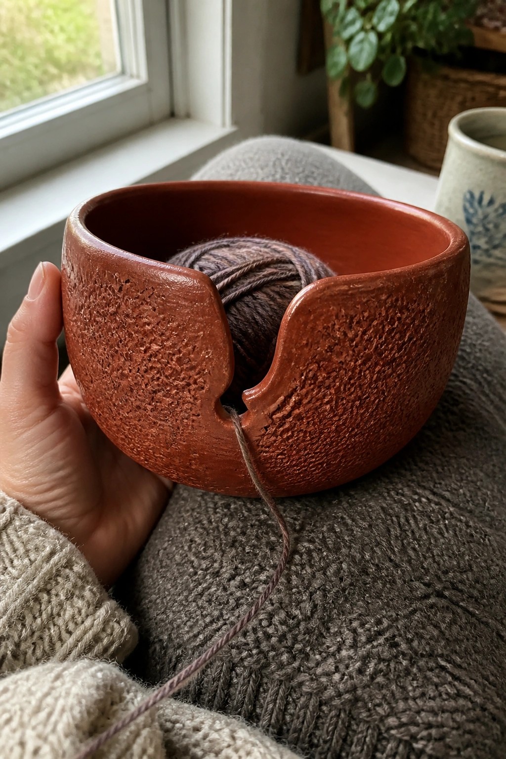 A hand holds a reddish ceramic bowl with a notch in the rim holding a ball of multicolored yarn with the strand pulled through the notch.