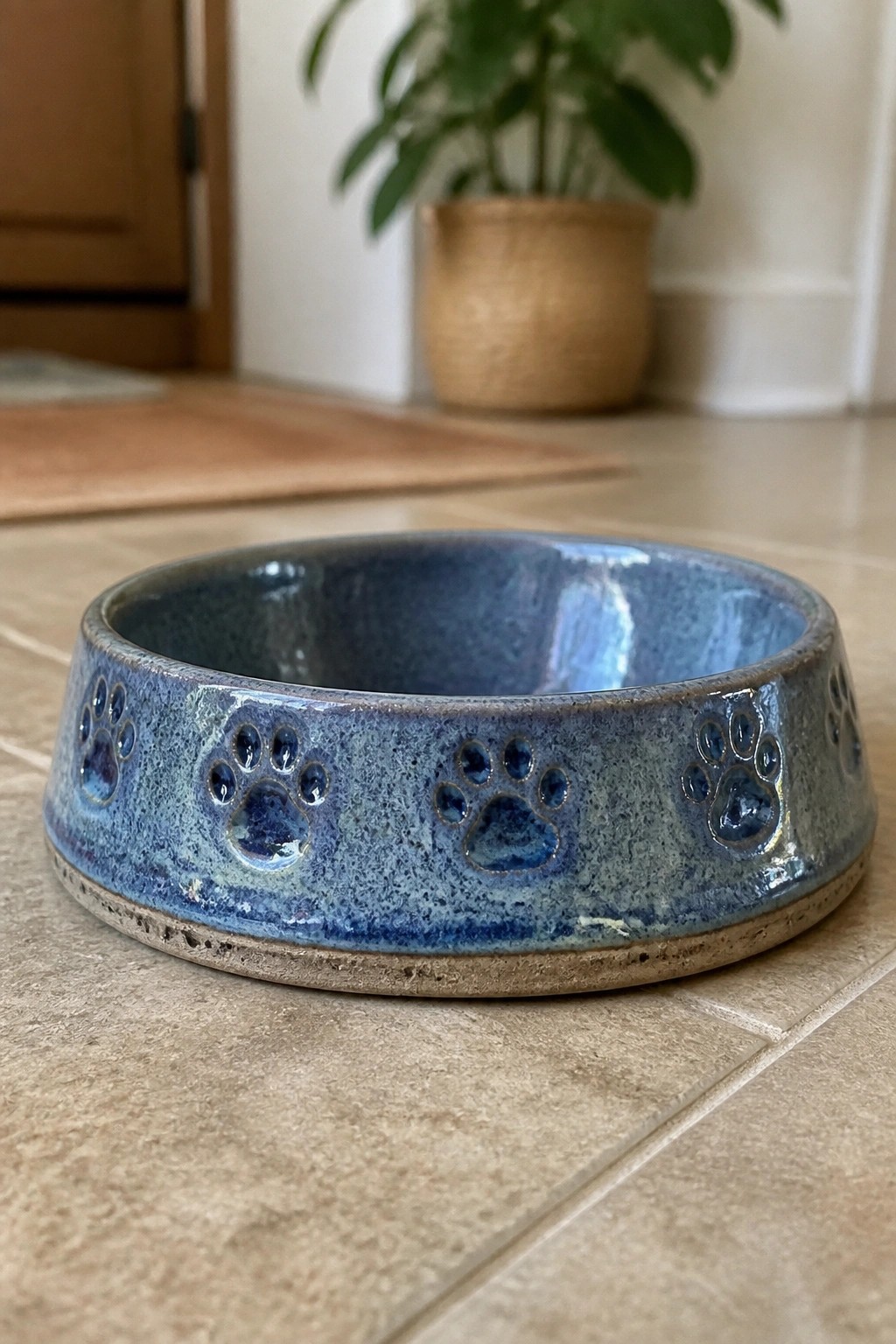 Blue glazed ceramic pet bowl with paw prints on tiled floor