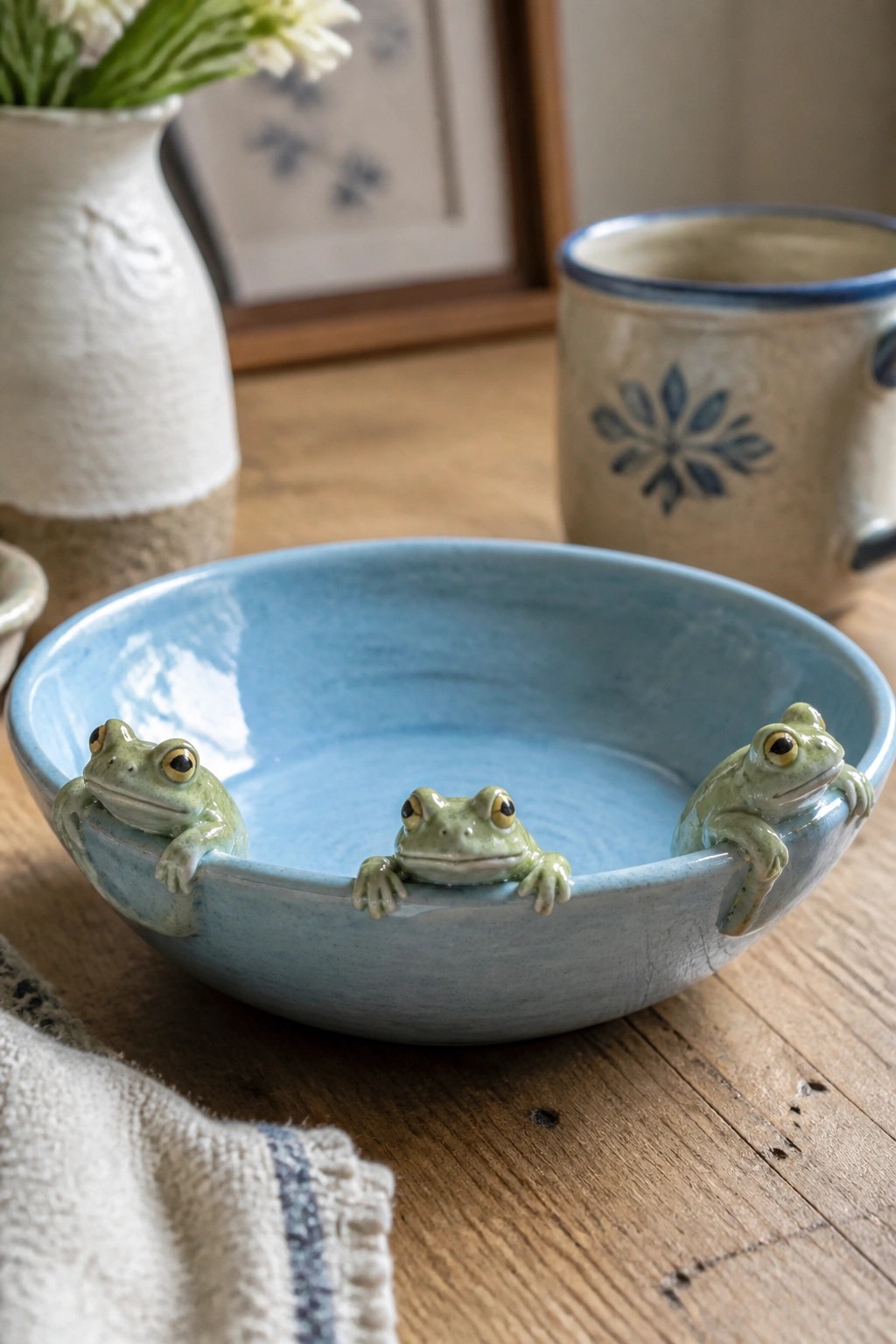 Three green frogs perched on rim of light blue ceramic bowl on wood.