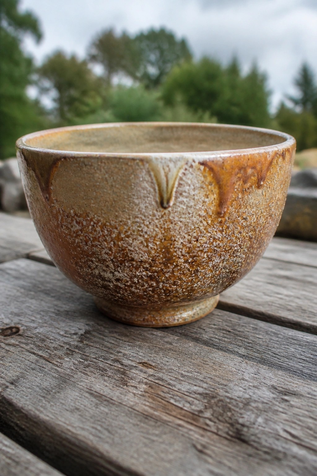 Rustic brown speckled ceramic bowl with notched rim on wooden table outdoors