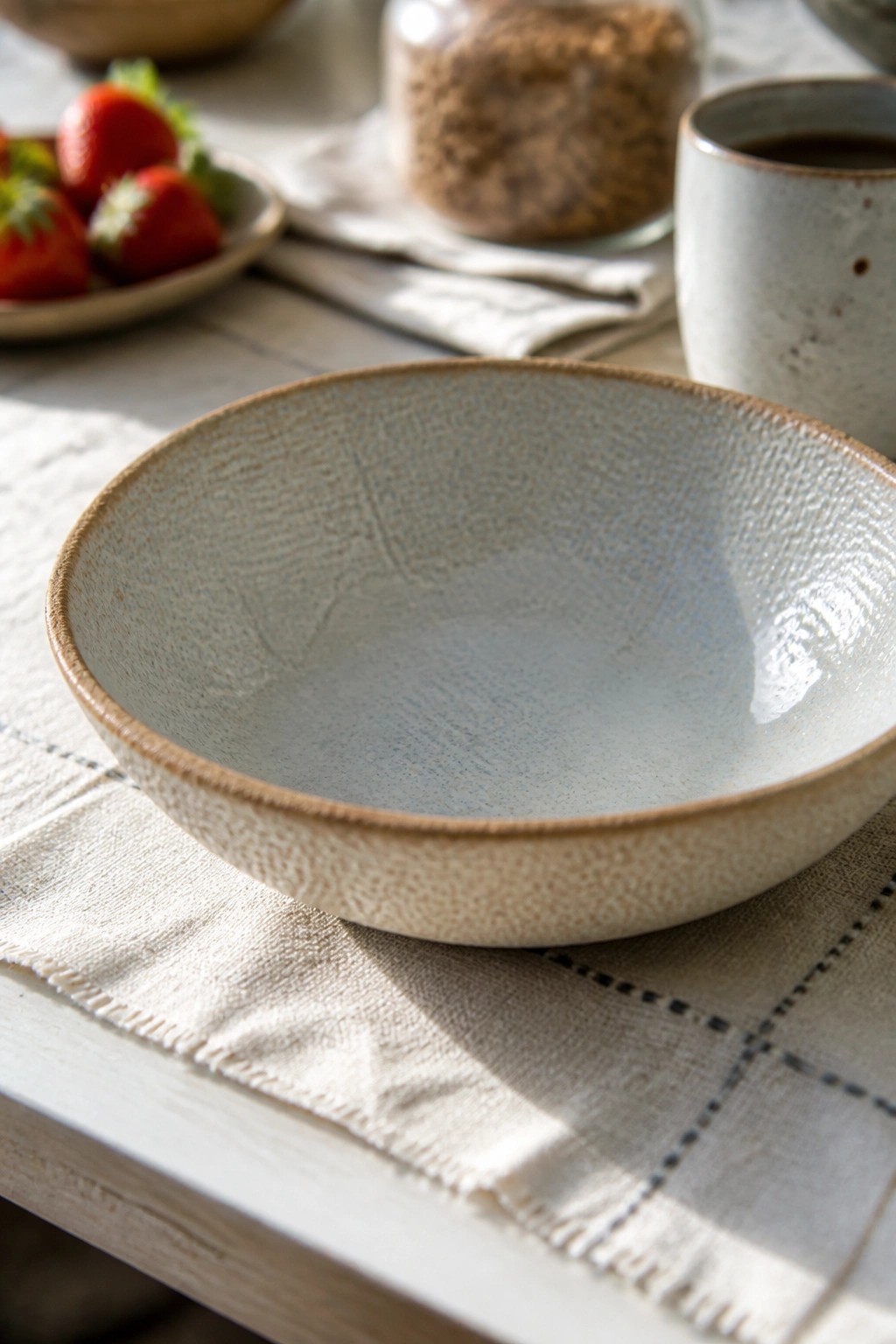 Textured ceramic bowl on linen cloth with strawberries and coffee nearby