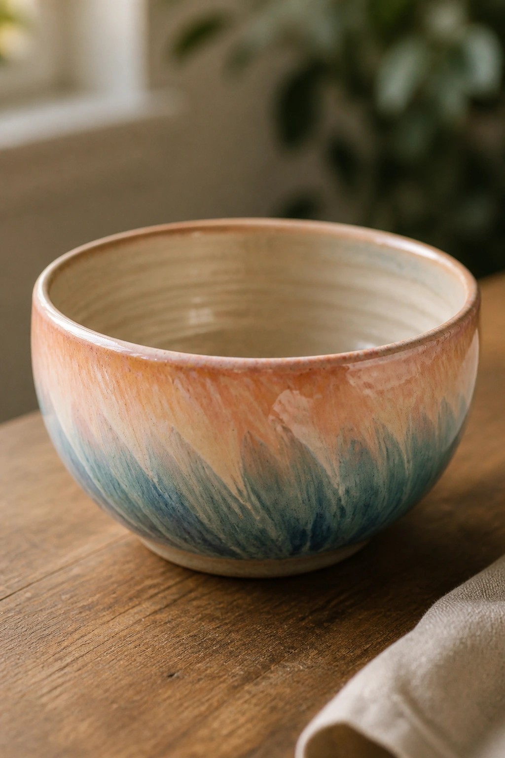 Colorful streaked ceramic bowl with orange and blue glaze on wooden table.