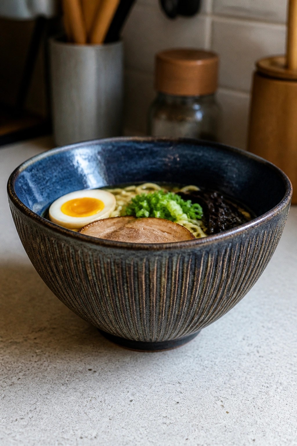 Blue textured bowl of ramen with egg, pork slices, green onions, and noodles.