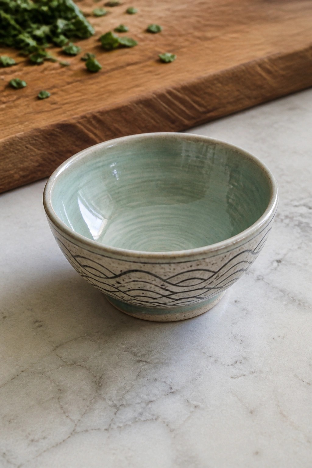 Light green ceramic bowl with black wavy patterns on marble counter near herbs