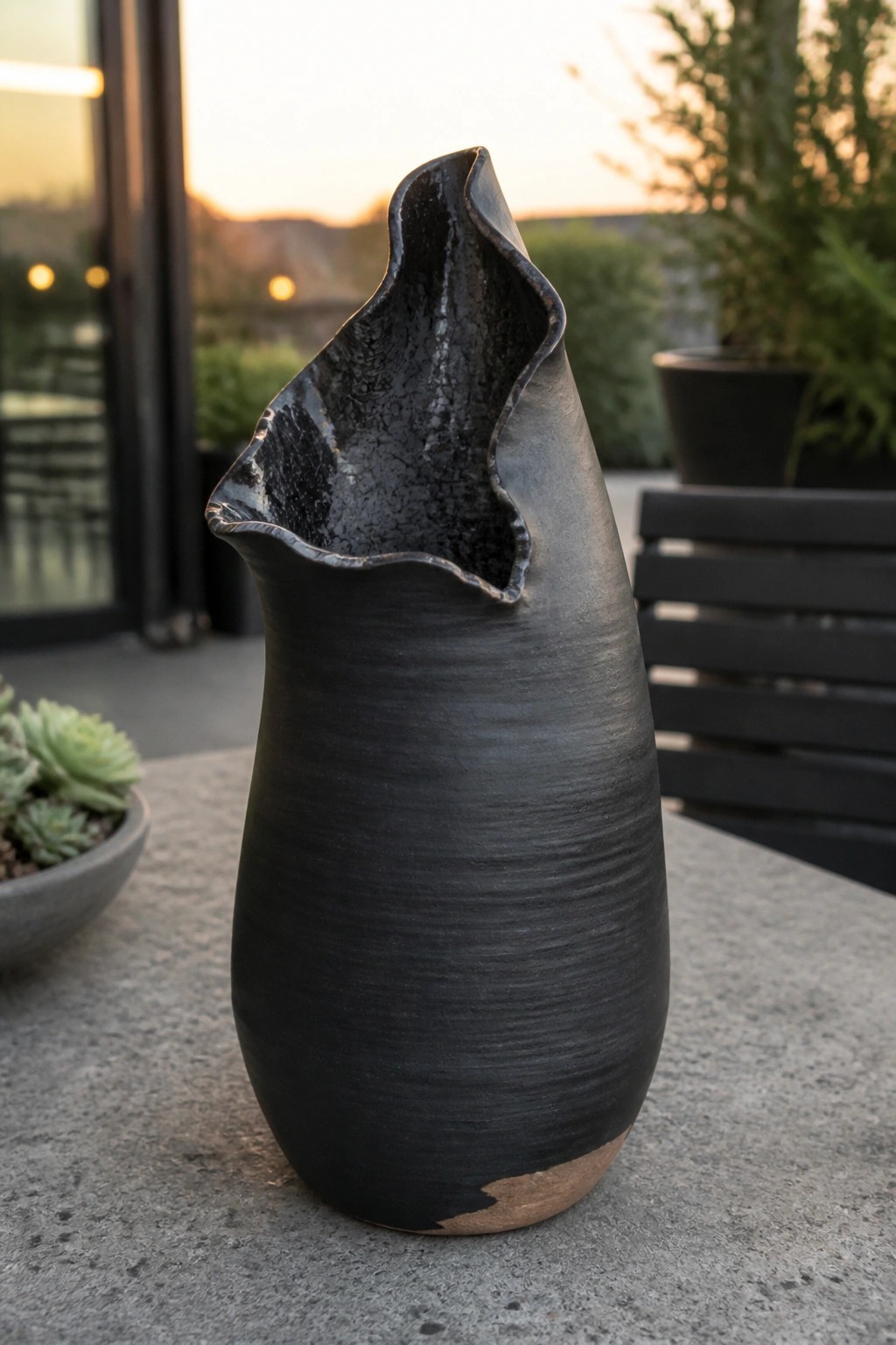 Black ceramic vase with wavy irregular rim on stone outdoor table