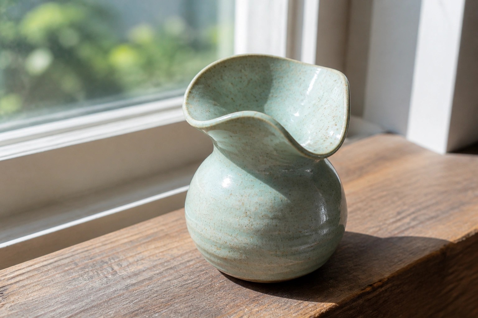 Light blue ceramic pitcher with spout on sunlit wooden windowsill